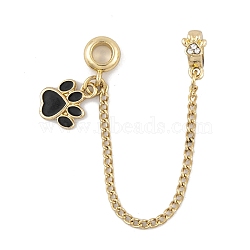 Rack Plating Paw Print Alloy Black Enamel European Safety Chains, for European Bracelet Making, Golden, 98mm, Paw Print: 15x12x2mm, Hole: 4.5mm(FIND-C055-05G-01)