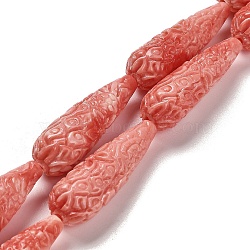 Synthetic Shell Carved Beads Strands, Dyed, Teardrop, Indian Red, 34x11mm, Hole: 1.5mm, about 11pcs/strand, 14.5''(37cm)(SHEL-H007-03B-02)