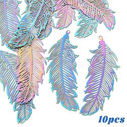 10Pcs Ion Plating(IP) 201 Stainless Steel Filigree Pendants, Etched Metal Embellishments, Feather, Rainbow Color, 47x19x0.3mm, Hole: 1.2mm(STAS-YW0002-93)