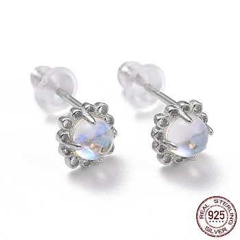 Rhodium Plated 925 Sterling Silver Stud Earrings, Moonstone Half Round Dainty Earrings for Women, Platinum, 6x6x3.5mm, Pin: 0.8mm