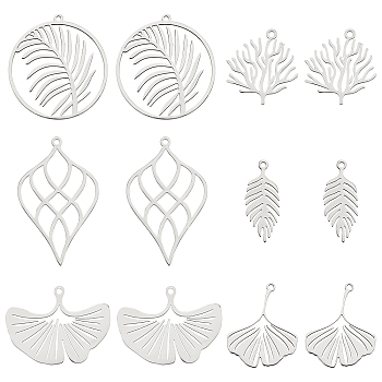 CHGCRAFT 12Pcs 6 Style 201 Stainless Steel Pendants, Laser Cut, Manual Polishing, Leaf & Coral Shape, Stainless Steel Color, 23~40x10~30.5x1mm, Hole: 1.4~1.8mm, 2pcs/style
