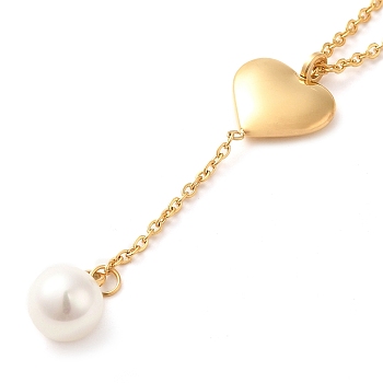 Vacuum Plating 304 Stainless Steel Heart Pendant Lariat Necklace, with Natural Shell, Golden, 15.75 inch(40cm)