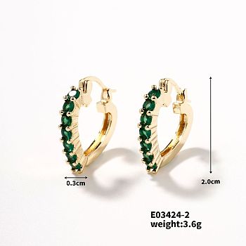 Heart-shaped Diamond Inlaid Hoop Earrings, Simple European and American Style, Golden, Green, 20x3mm