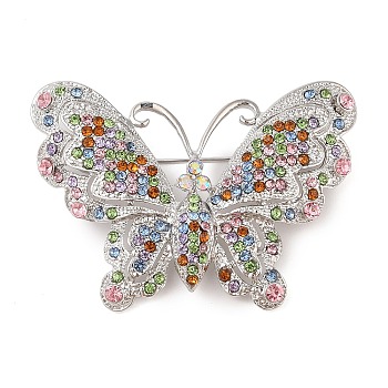 Butterfly Zinc Alloy Rhinestone Brooches for Backpack Clothes, Platinum, 44x60mm