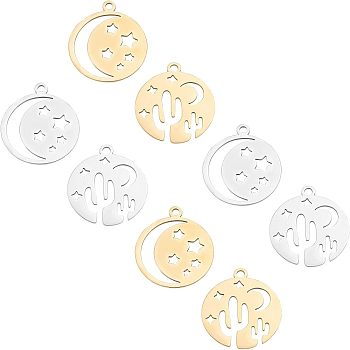 Unicraftale 201 Stainless Steel Laser Cut Pendants, Star with Moon & Flat Round with Cactus, Golden & Stainless Steel Color, 20.5x18x1mm, Hole: 1.4mm, 16pcs/box