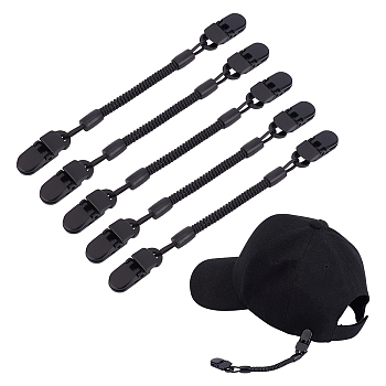 CHGCRAFT 6Pcs Plastic Hat Clips, Hat Retainer, with TPU Spring Coil Safety Wind Lanyard, for Golfing, Fishing, Boating, Sailing, Black, 180mm