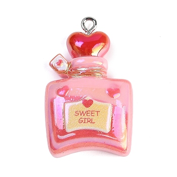 UV Plating Opaque Resin Pendants, with Platinum Iron Loop, Perfume Bottle, Pink, 34.5x21x9.5mm, Hole: 2mm