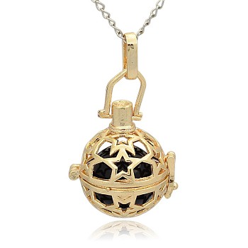 Golden Tone Brass Hollow Round Cage Pendants, with No Hole Spray Painted Brass Round Beads, Black, 35x25x21mm, Hole: 3x8mm
