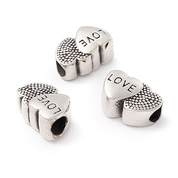304 Stainless Steel European Beads, Large Hole Beads, Manual Polishing, Double Heart with Word Love, Antique Silver, 10x15x8mm, Hole: 4.5mm