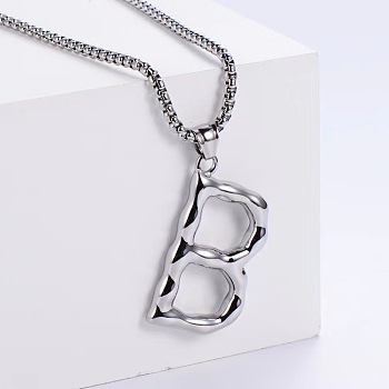 3Pcs Stainless Steel Textured Letter Pendant Box Chain Necklaces, Stainless Steel Color, Letter B