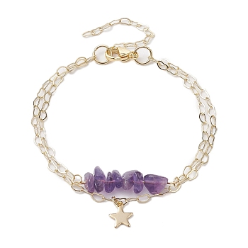 Natural Amethyst Chip Multi-Strand Bracelet Sets, Star Charm 304 Stainless Steel Twisted Chain Stackable Bracelets for Women, 7-1/8 inch(18.2cm)