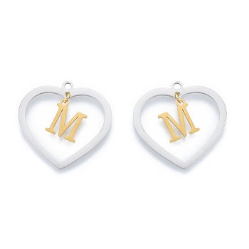 201 Stainless Steel Pendants, Hollow, Heart with Letter A~Z, Real Gold Plated & Stainless Steel Color, Letter.M, 29x29.5x1mm, Hole: 2mm, A~Z: 12x8~10.5x1mm