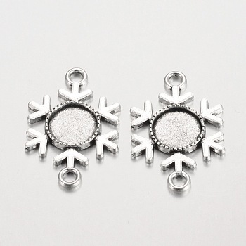 Snowflake Tibetan Style Alloy Cabochon Connector Settings, Cadmium Free & Lead Free, Antique Silver, Flat Round Tray: 12mm, 35x23x2.5mm, Hole: 3mm