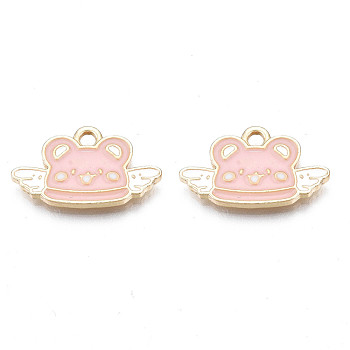 Alloy Enamel Pendants, Cadmium Free & Nickel Free & Lead Free, Light Gold, Bear with Wing, Pink, 11.5x19.5x1.5mm, Hole: 2mm