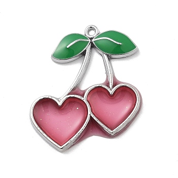 Alloy Enamel Pendants, Heart Cherry Charm, Platinum, Camellia, 32x28x2mm, Hole: 1.6mm