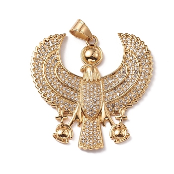 304 Stainless Steel Big Pendants, with Micro Pave Cubic Zirconia, Egyptian God Horus Royal Falcon Eagle, Clear, Golden, 57x56x5mm, Hole: 9.5x6.5mm