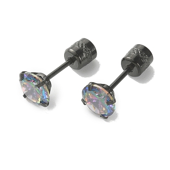 Cubic Zirconia Diamond Stud Earrings, Gunmetal Titanium Steel Jewelry for Women, Colorful, 6mm, Pin: 0.9mm