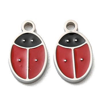 304 Stainless Steel Charms, with Enamel, Ladybird Charm, Stainless Steel Color, 10x6x1mm, Hole: 1.2mm
