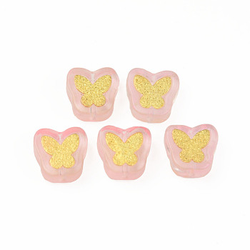 Transparent Spray Painted Handmade Lampwork Beads, with Golden Plated Brass Findings, Butterfly, Pearl Pink, 11x11x4mm, Hole: 1mm