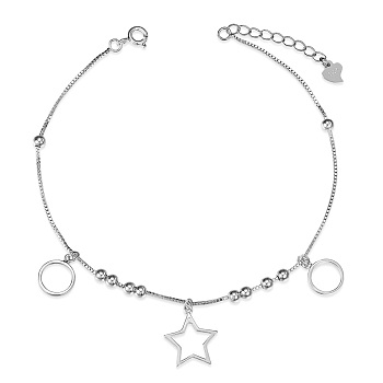 SHEGRACE Rhodium Plated 925 Sterling Silver Charm Anklets, with Box Chains and Round Beads, Ring and Star, Platinum, 7-7/8 inch(20cm)