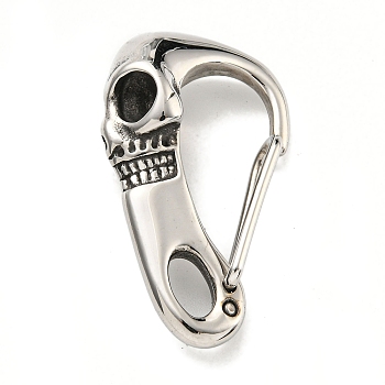 Tibetan Style 316 Surgical Stainless Steel Fittings with 304 Stainless Steel Key Ring, Skull, Antique Silver, 45.5x12.5x26mm