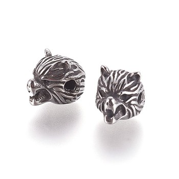 304 Stainless Steel Beads, Wolf Head, Antique Silver, 11x11x14mm, Hole: 2.3mm