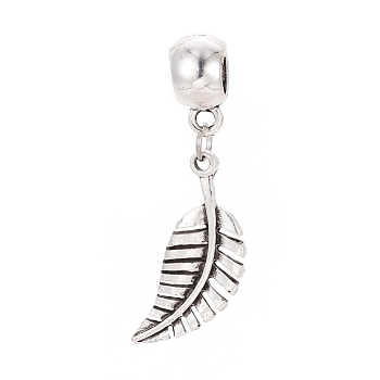 Tibetan Style Alloy European Dangle Charms, Large Hole Beads, Leaf, Antique Silver, 44mm, Hole: 6mm, pendant: 29x11x2mm