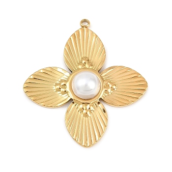 304 Stainless Steel & ABS Plastic Imitation Pearl Pendants, Flower Charms, Ion Plating(IP), Real 18K Gold Plated, 37.5x35x6mm, Hole: 1.6mm