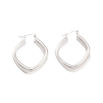 Textured Double Rhombus Brass Huggie Hoop Earrings for Women , Real Platinum Plated, 38x34x6mm, Pin: 0.4mm