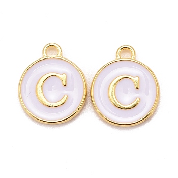 Golden Plated Alloy Charms, Cadmium Free & Lead Free, with Enamel, Enamelled Sequins, Flat Round with Letter, White, Letter.C, 14x12x2mm, Hole: 1.5mm