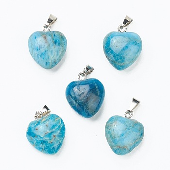 Natural Apatite Pendants, with Platinum Brass Loops, Heart, 18~19x15~15.5x6~8mm, Hole: 6x2.5~3mm