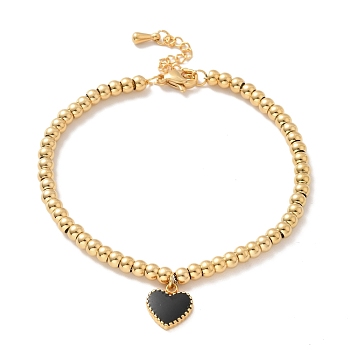 Vacuum Plating 304 Stainless Steel Heart Charm Bracelet with Enamel, 201 Stainless Steel Round Beads Bracelet for Women, Golden, 8-3/8 inch(21.4cm)