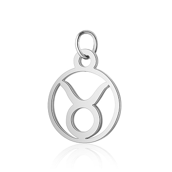 304 Stainless Steel Charms, with Jump Rings, Polished, Flat Round with Constellation, Taurus, 13x11x1mm, Hole: 2.5mm