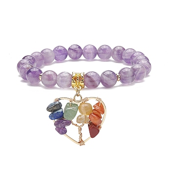 Natural Amethyst Stretch Bracelet, Yoga Chakra Mixed Gemstone Chips Heart with Tree Charms Bracelet for Women, Inner Diameter: 2-1/8 inch(5.4cm)