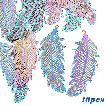 10Pcs Ion Plating(IP) 201 Stainless Steel Filigree Pendants, Etched Metal Embellishments, Feather, Rainbow Color, 47x19x0.3mm, Hole: 1.2mm