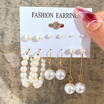 Alloy & Plastic Pearl Earring Sets, Golden, 7~35mm, 6pairs/set