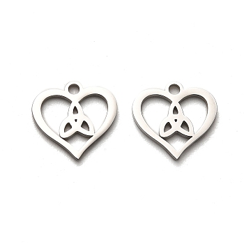 Valentine's Day 316 Surgical Stainless Steel Charms, Laser Cut, Heart Charm, Stainless Steel Color, Trinity Knot, 12.5x13x1mm, Hole: 1.6mm