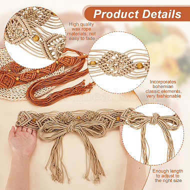 2Pcs 2 Colors Wax Cord Knitted Rhombus Chain Belt with Wood Beaded(AJEW-GA0006-24)-3