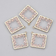 Glass Pendants, with Brass Findings, Faceted, Rhombus, Golden, Pink, 30x27x4mm, Hole: 1.6mm, Side Length: 24mm(GLAA-S186-04B)