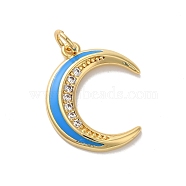 Moon Rack Plating Brass Micro Pave Cubic Zirconia Enamel Pendants, with Jump Rings, Cadmium Free & Lead Free, Long-Lasting Plated, Real 18K Gold Plated, Dodger Blue, 20.5x17.5x2mm, Hole: 3.5mm(KK-G504-06G-03)