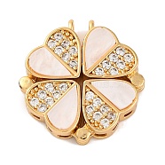 Brass Micro Pave Cubic Zirconia Pendants, with Shell, Clover Charms, Golden, 18x16x4.5mm, Hole: 1.2mm(KK-U039-02G)