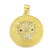 Brass Micro Pave Cubic Zirconia Pendants, Flat Round with Leopard Head Charms, Real 18K Gold Plated, 24x22x4.8mm, Hole: 4x3mm(KK-K354-11A-G)