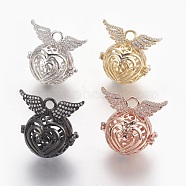 Brass Micro Pave Cubic Zirconia Prayer Box Pendants, Round with Wing, Clear, Mixed Color, 29.5x30x21mm, Hole: 4mm; Inner Diameter: 17.5mm(KK-O112-11)