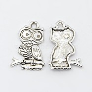 Tibetan Style Alloy Pendants, Lead Free and Cadmium Free, Owl, Halloween Jewelry, Antique Silver, 22x15x3mm, Hole: 2mm(X-PALLOY-K1027-AS-RS)