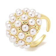 Rack Plating Brass Open Cuff Ring for Women, with Plastic Pearl, Long-Lasting Plated, Lead Free & Cadmium Free, Real 18K Gold Plated, Inner Diameter: 17mm(RJEW-F157-01G)