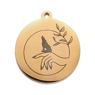 304 Stainless Steel Pendants, Flat Round with Wolf & Hand & Leaf, Golden, 28x25x1.4mm, Hole: 2mm(STAS-C032-09G)