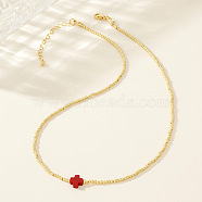 Real 18K Gold Plated 2mm Round Brass Beaded Necklaces, Cross Necklaces, Red, 16.54 inch(42cm)(HJ8238-2)