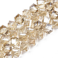 Electroplate Transparent Glass Beads Strands, Faceted, Diagonal Cube Beads, BurlyWood, 8.5x9.5x9.5mm, Hole: 1.5mm, about 70pcs/strand, 22.05 inch(56cm)(EGLA-N002-29-F03)