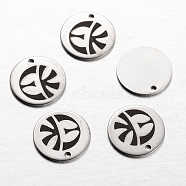 Spray Painted Stainless Steel Charms, Flat Round with Pattern, Stainless Steel Color, 14x1mm, Hole: 1mm(STAS-I051-E14)