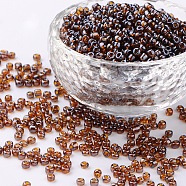 (Repacking Service Available) Glass Seed Beads, Trans. Colours Lustered, Round, Dark Gooldenrod, 8/0, 3mm, Hole: 1mm, about 12G/bag(SEED-C015-3mm-102C)